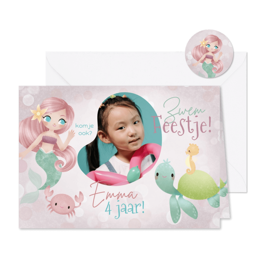 Kinderfeestje voor zwemmen zeemeermin en foto - Kaartimpressie