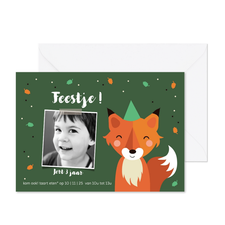 Kinderfeestje vos met confetti in het bos - Kaartimpressie