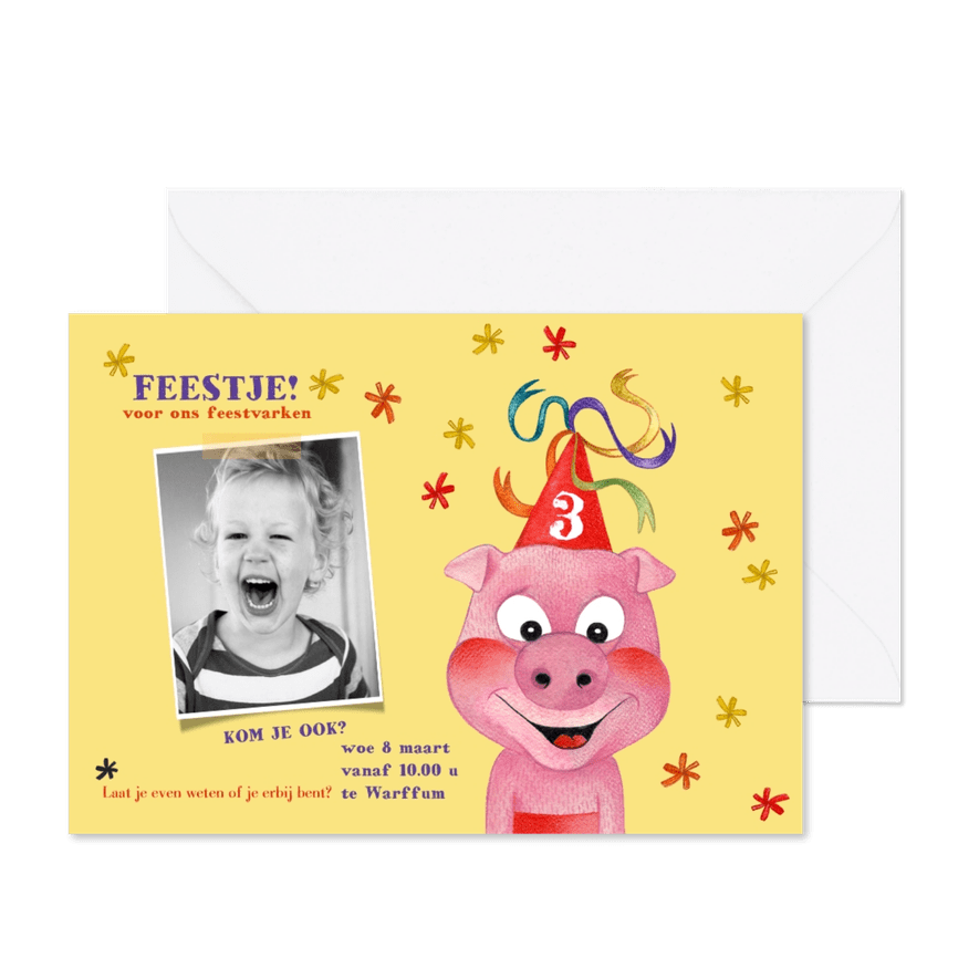 Kinderfeestje vrolijk feestvarken - Kaartimpressie