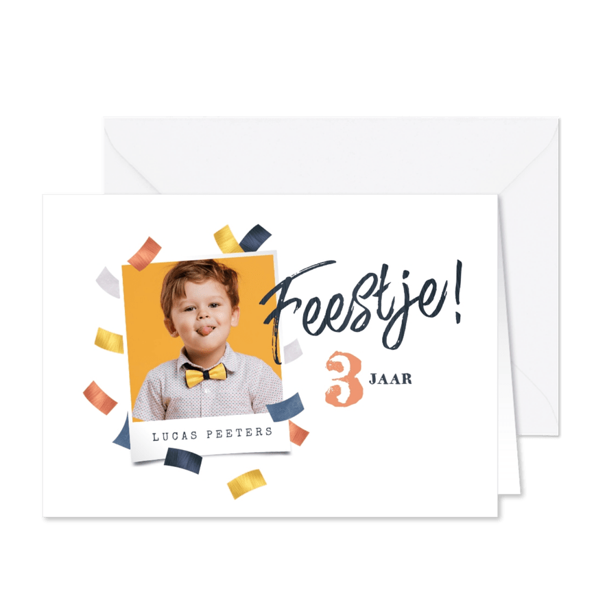 Kinderfeestje vrolijk hip confetti goud blauw rosé foto - Kaartimpressie