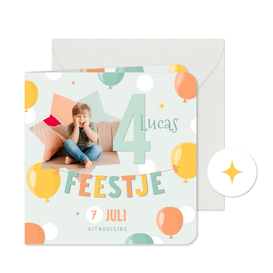 Kinderfeestje vrolijk jongenskleuren tekstslinger ballonnen - Kaartimpressie