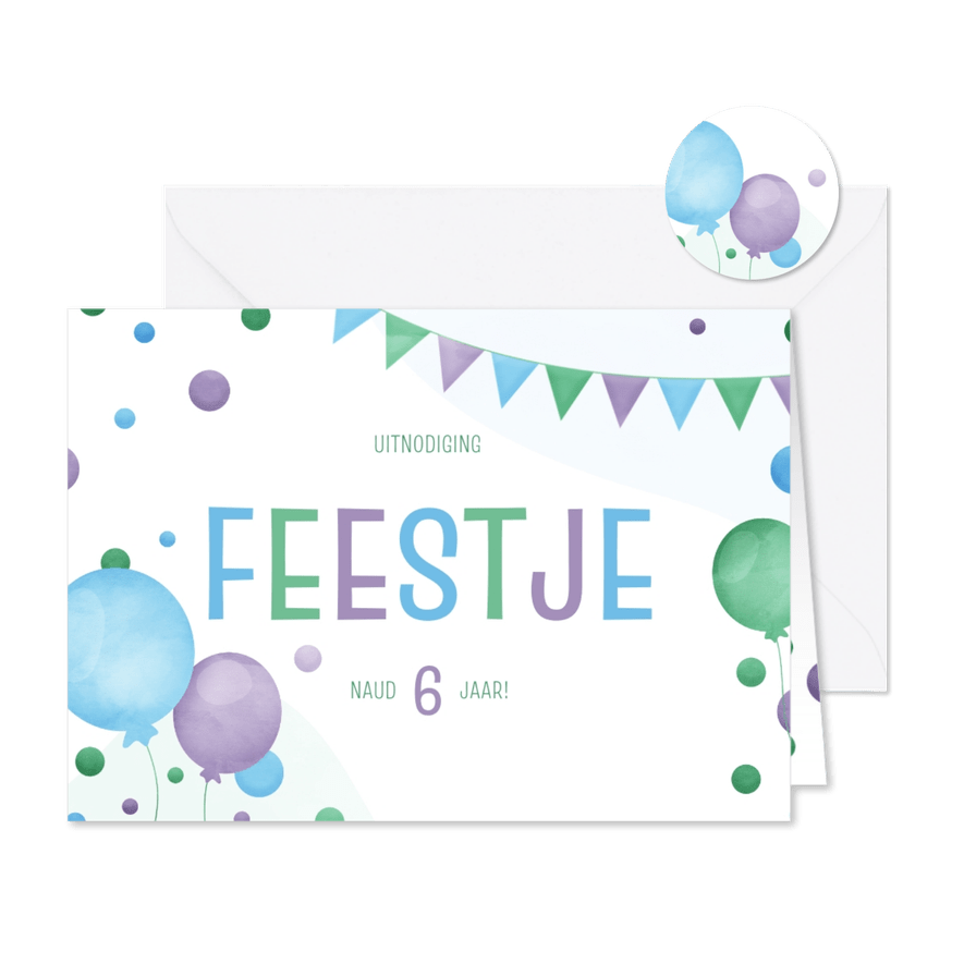 Kinderfeestje vrolijk met confetti slingers en ballonnen - Kaartimpressie