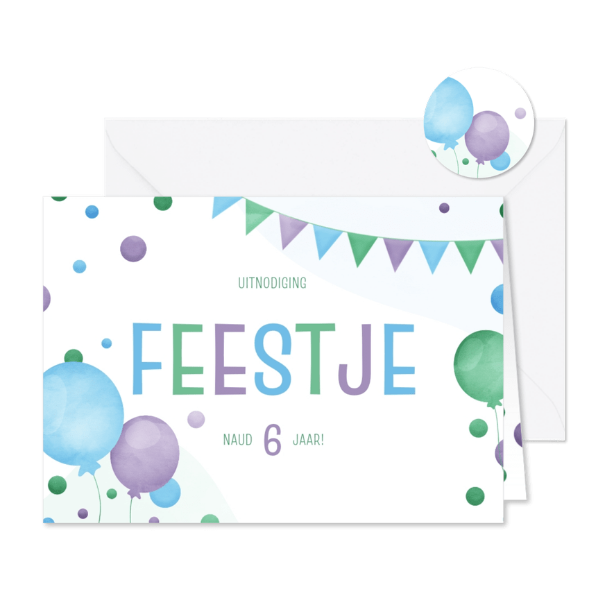 Kinderfeestje vrolijk met confetti slingers en ballonnen - Kaartimpressie