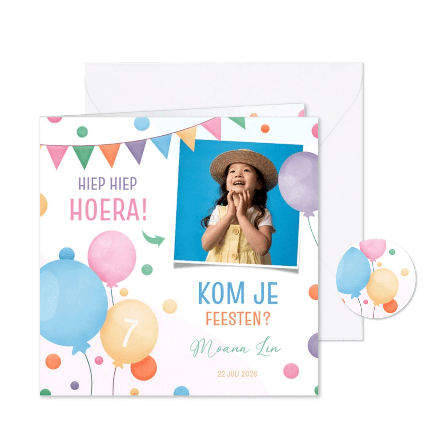 Kinderfeestje vrolijke ballonnen slingers en confetti - Kaartimpressie