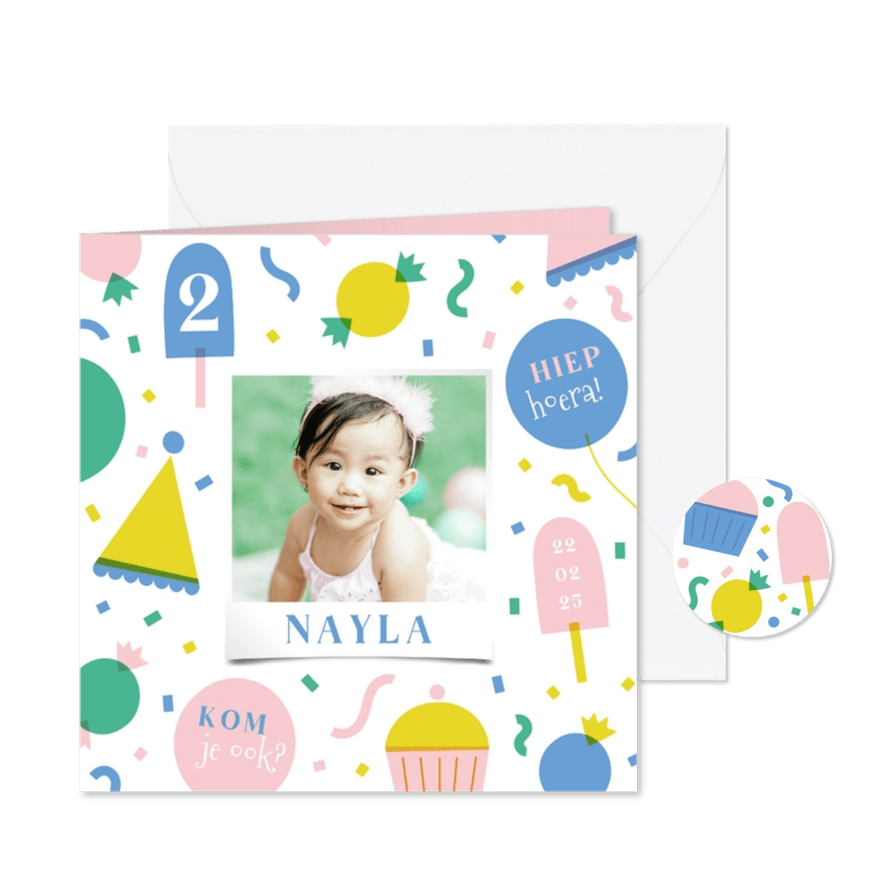 Kinderfeestje vrolijke elementjes met foto - Kaartimpressie