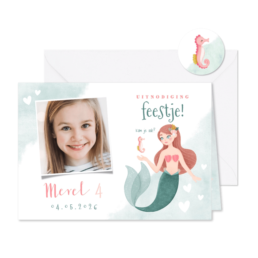 Kinderfeestje zeemeermin foto zeepaardje en hartjes - Kaartimpressie