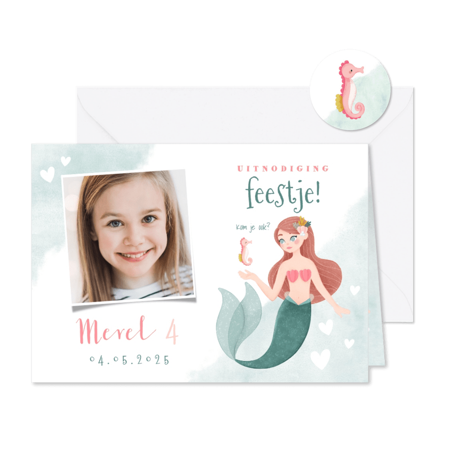 Kinderfeestje zeemeermin foto zeepaardje en hartjes - Kaartimpressie