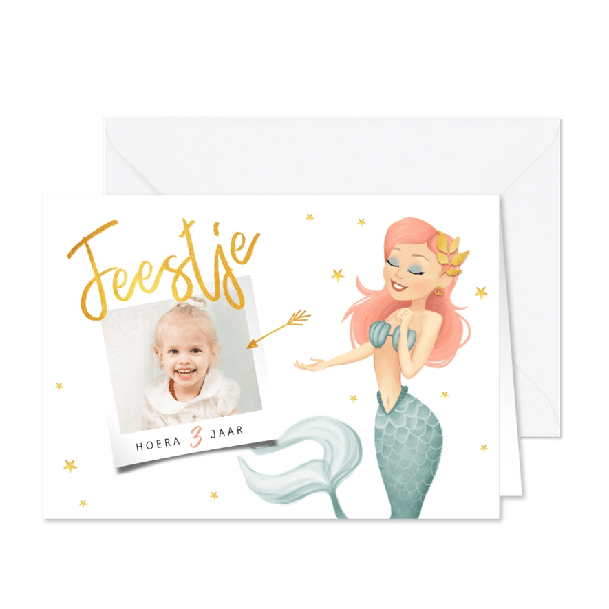 Kinderfeestje zeemeermin met foto en sterren - Kaartimpressie