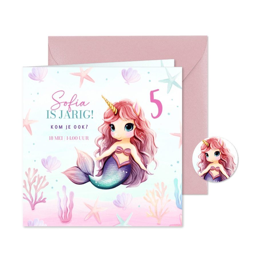 Kinderfeestje zeemeermin unicorn uitnodiging - Kaartimpressie