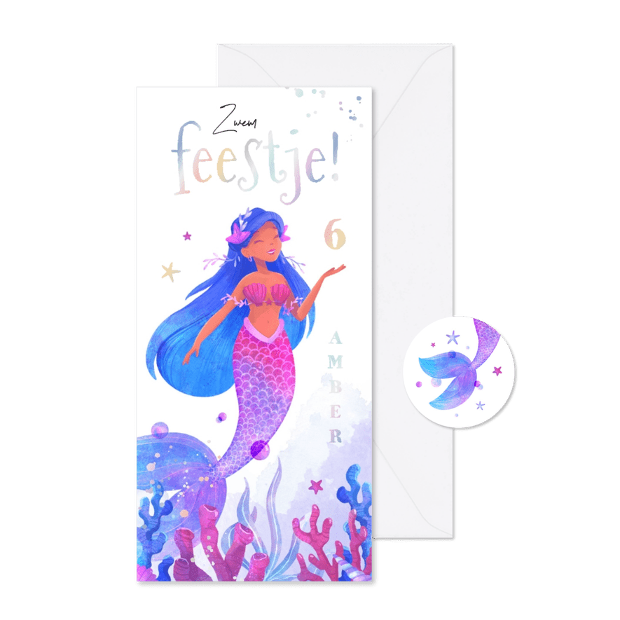 Kinderfeestje zeemeermin waterverf feestje zwemmen koraal - Kaartimpressie