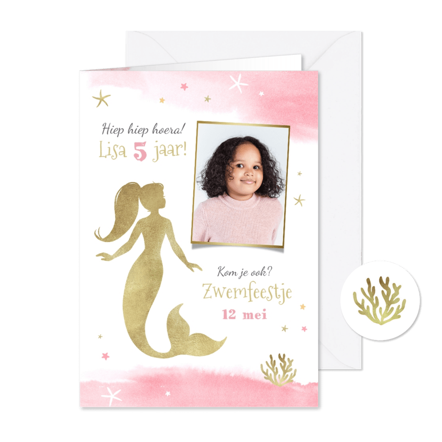Kinderfeestje zeemeermin zwemfeest waterverf foto  - Kaartimpressie