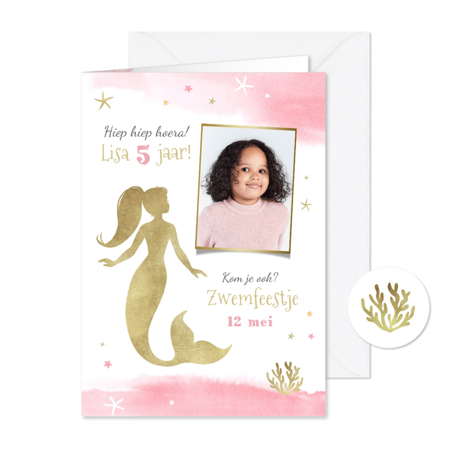Kinderfeestje zeemeermin zwemfeest waterverf foto  - Kaartimpressie
