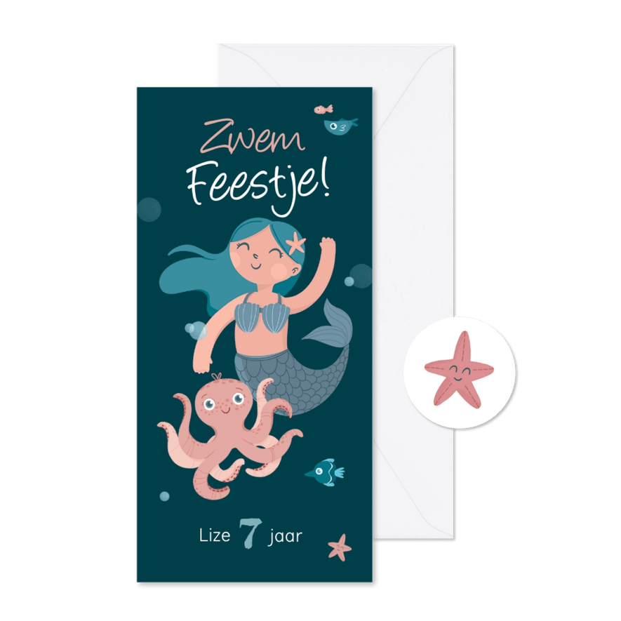 Kinderfeestje zeemeermin zwemfeestje vissen octopus - Kaartimpressie