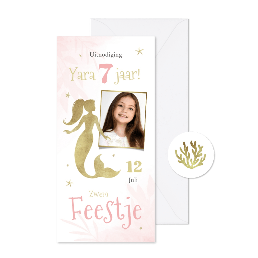 Kinderfeestje zwemfeest zeemeermin foto sterren - Kaartimpressie