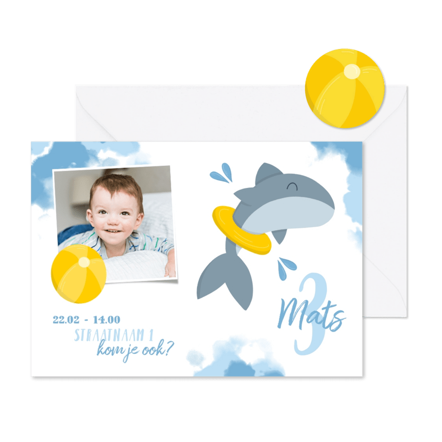 Kinderfeestje zwemfeestje haai met band en bal - Kaartimpressie