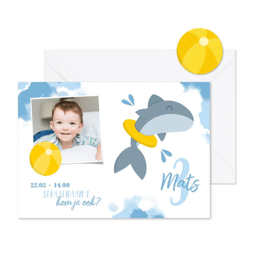 Kinderfeestje zwemfeestje haai met band en bal - Kaartimpressie