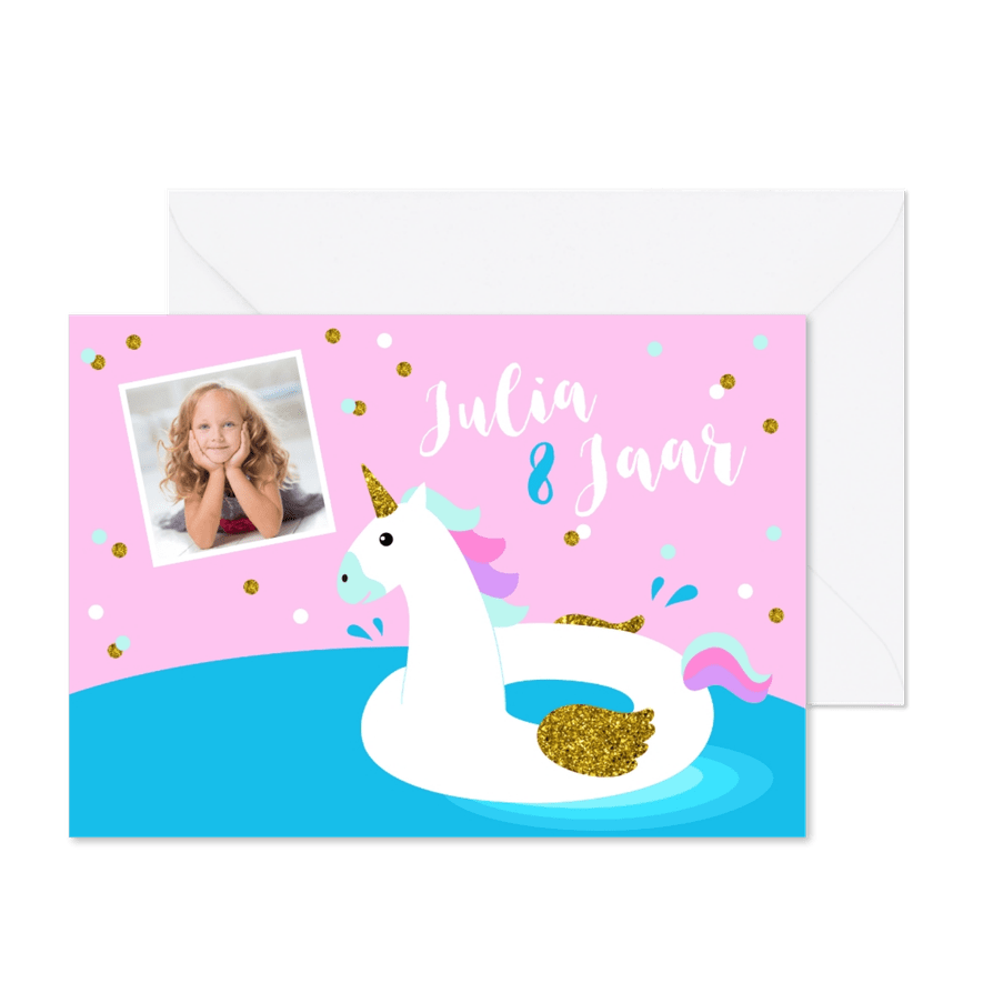 Kinderfeestje zwemmen eenhoorn foto confetti - Kaartimpressie