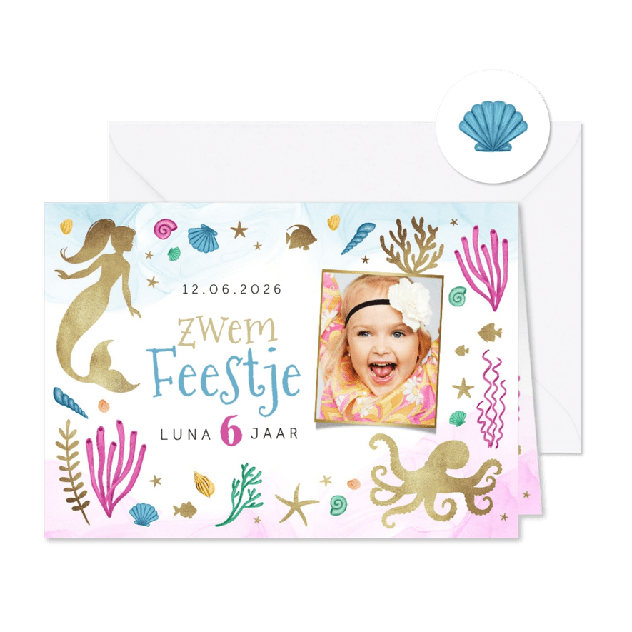 Kinderfeestje zwemmen zeemeermin dieren waterverf goud foto - Kaartimpressie