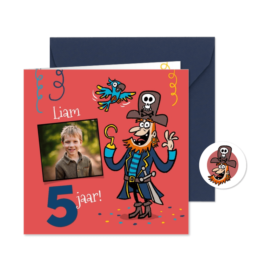 Kinderfeestjes uitnodiging grappige piraat met papegaai - Kaartimpressie