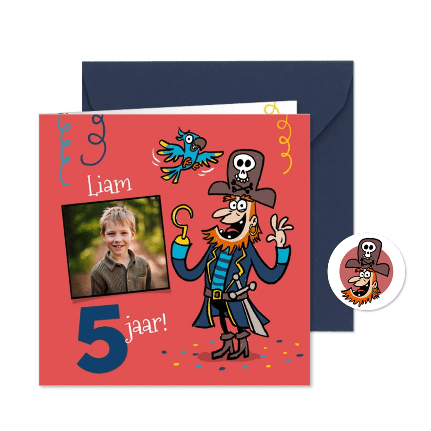 Kinderfeestjes uitnodiging grappige piraat met papegaai  - Kaartimpressie