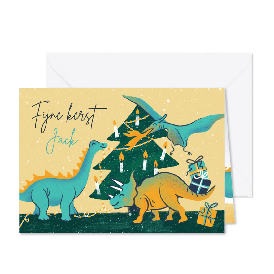 Kinderkerstkaart dino's versieren boom - Kaartimpressie