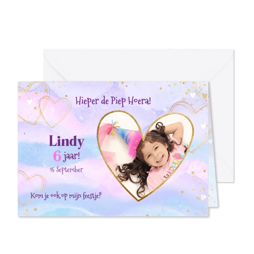 Kinderverjaardag uitnodiging met foto magisch met hartjes - Kaartimpressie