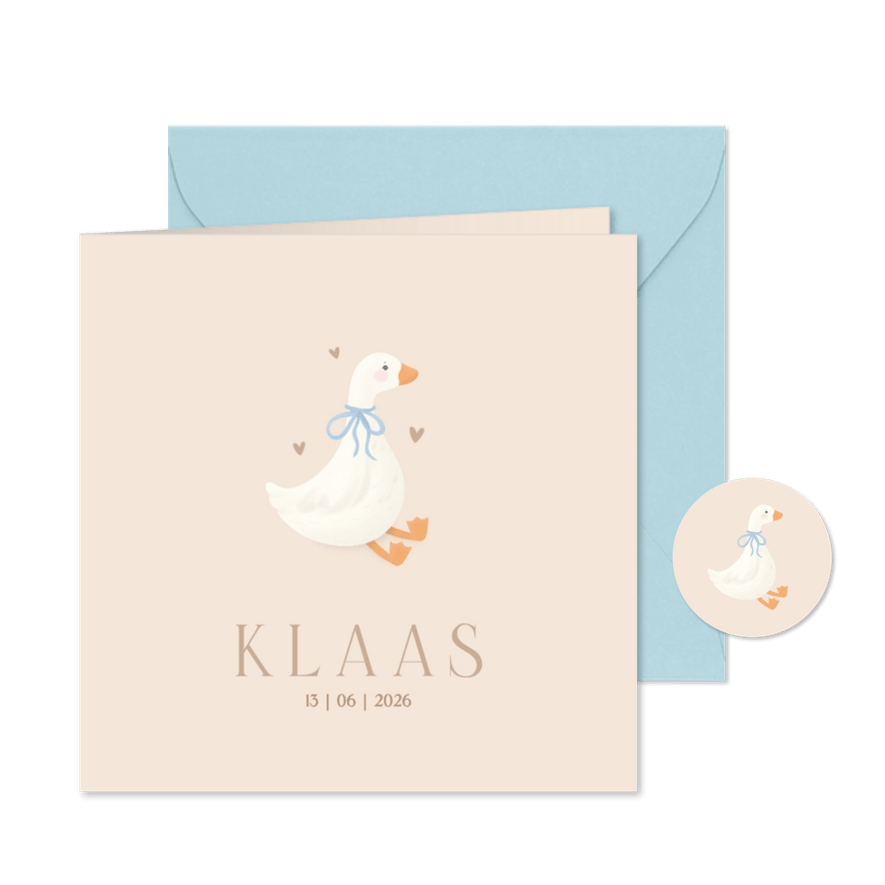 Klassiek geboortekaartje gansje strikje jongen beige - Kaartimpressie