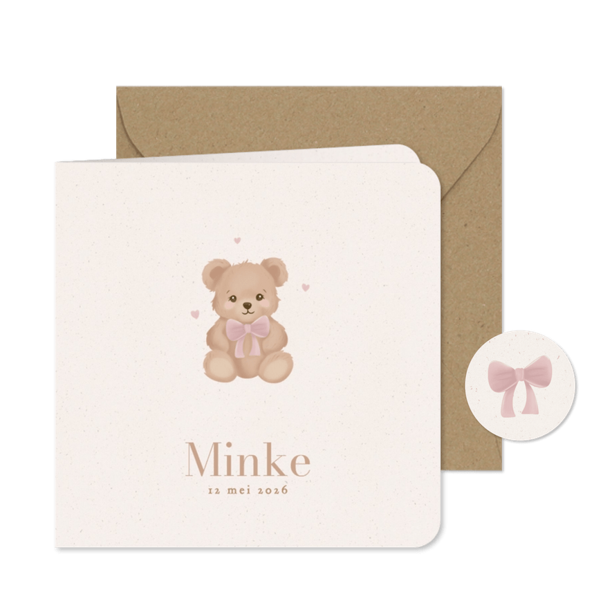 Klassiek geboortekaartje knuffel beer roze strikje - Kaartimpressie