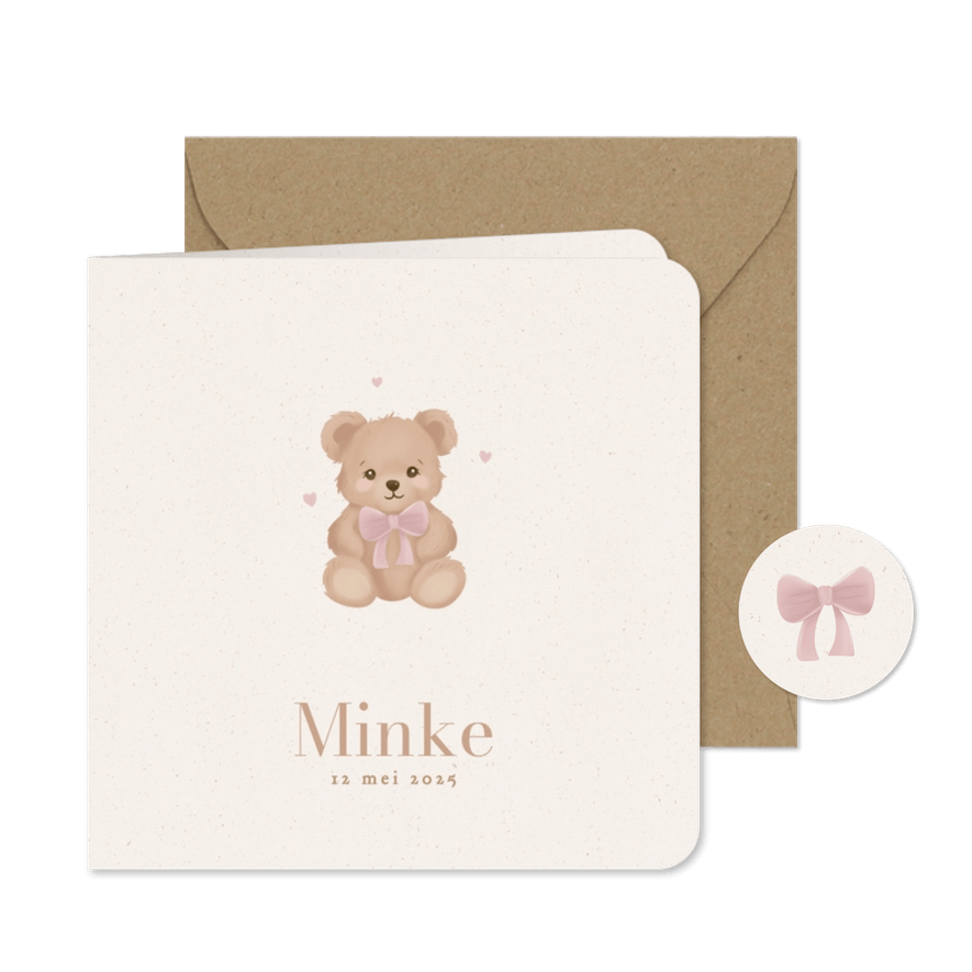 Klassiek geboortekaartje knuffel beer roze strikje - Kaartimpressie
