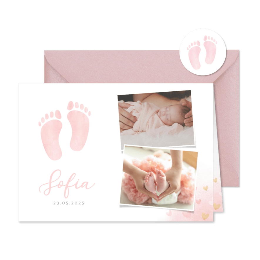 Klassiek geboortekaartje meisje - waterverf voetjes en foto - Kaartimpressie