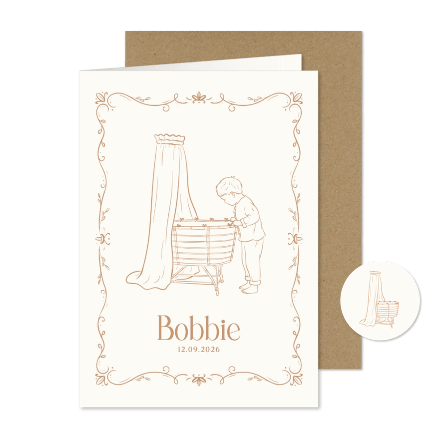Klassiek geboortekaartje wieg en grote broer beige - Kaartimpressie