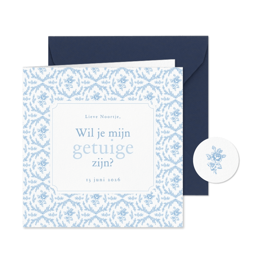 Klassiek getuige kaartje met vintage roosjes lichtblauw - Kaartimpressie