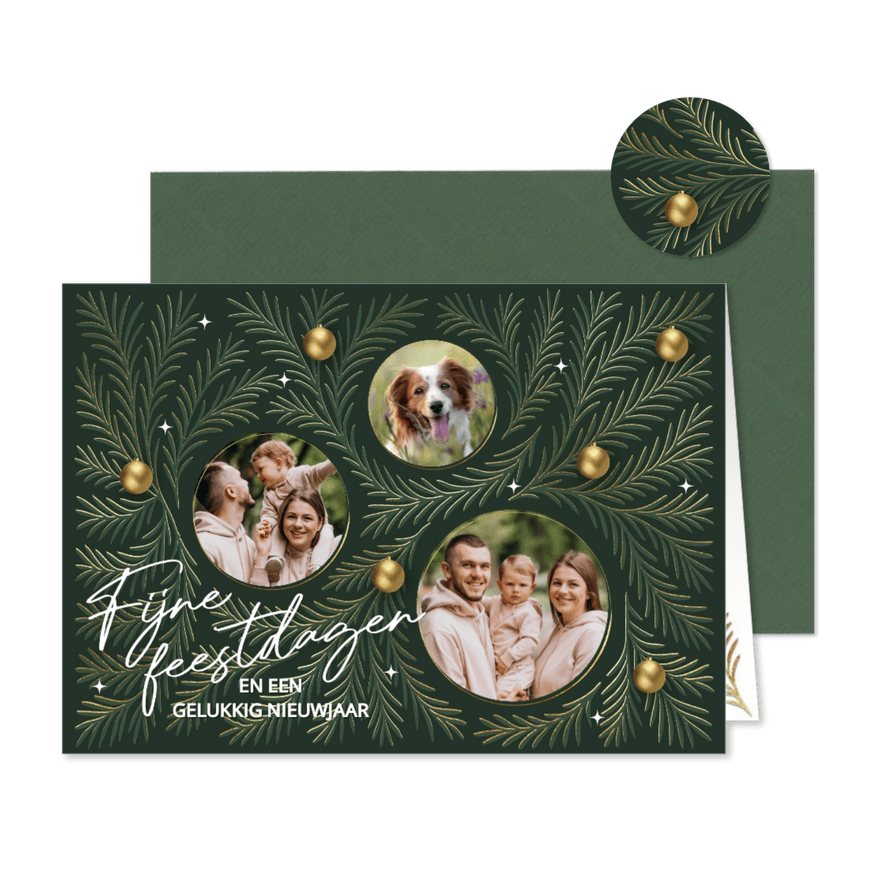 Klassiek kerstkaart foto collage groen met goud - Kaartimpressie