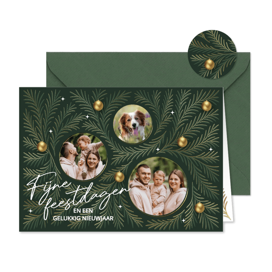 Klassiek kerstkaart foto collage groen met goud - Kaartimpressie