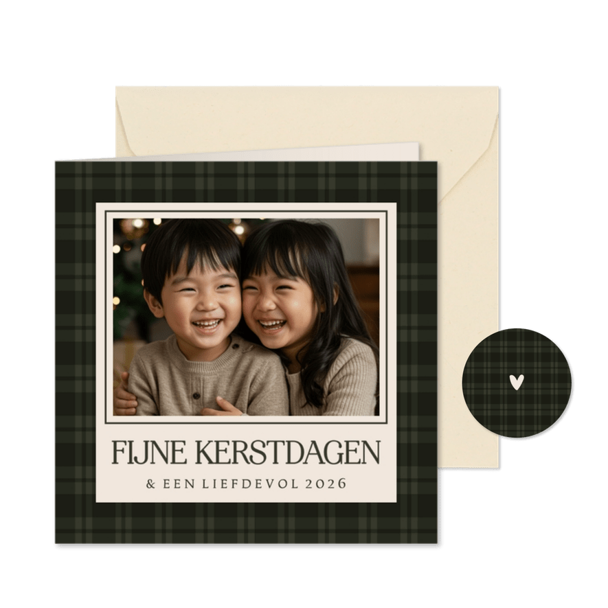  Klassiek kerstkaartje ruitjespatroon groen met foto - Kaartimpressie