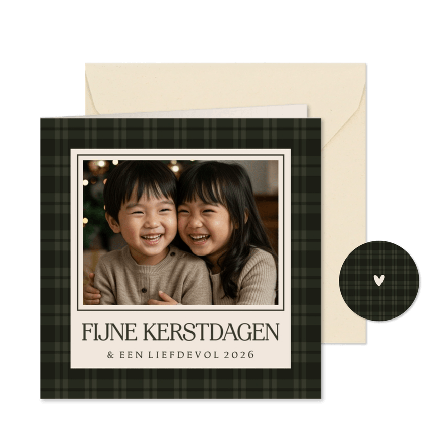 Klassiek kerstkaartje ruitjespatroon groen met foto - Kaartimpressie