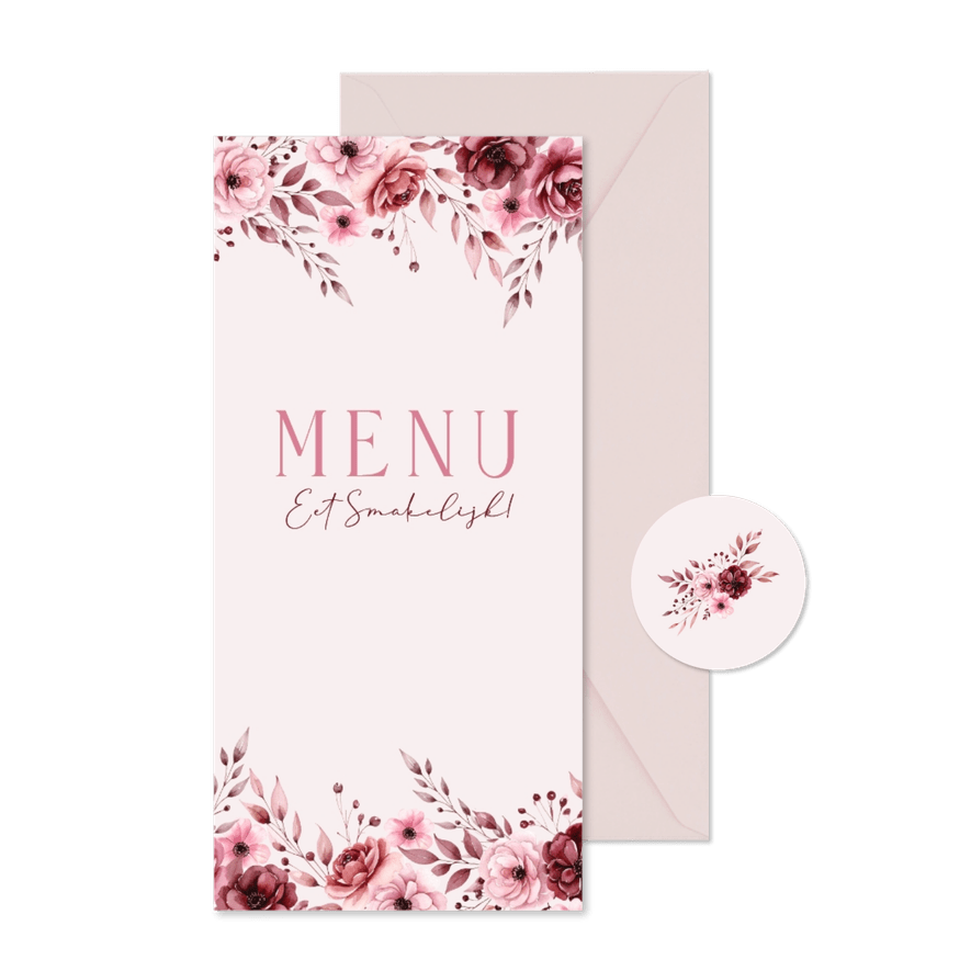Klassiek menukaartje bruiloft in roze met waterverf rozen - Kaartimpressie