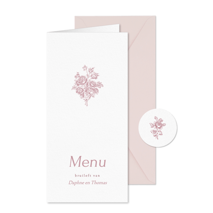 Klassiek menukaartje wit met vintage roze bloemen - Kaartimpressie