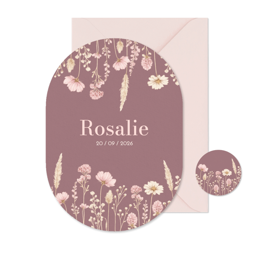 Klassiek ovaal geboortekaartje donker roze met bloemen - Kaartimpressie