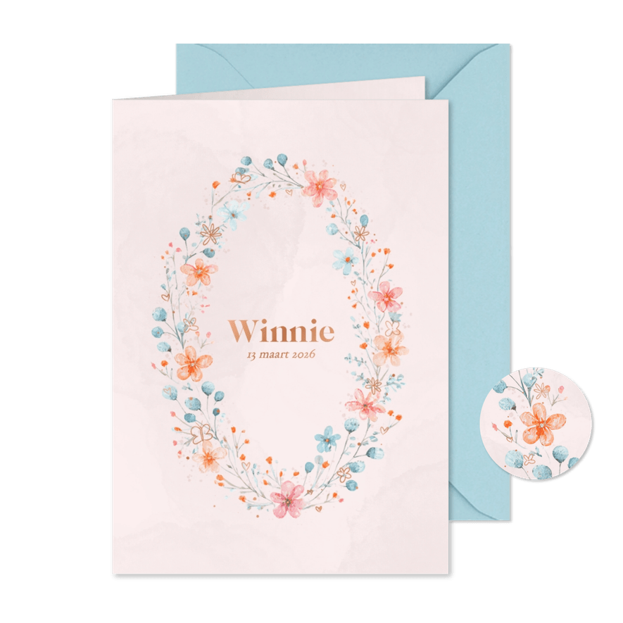 Klassiek roze geboortekaartje waterverf bloemen koperfolie - Kaartimpressie