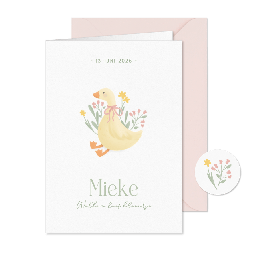 Klassiek wit geboortekaartje meisje met gansje en bloemen - Kaartimpressie