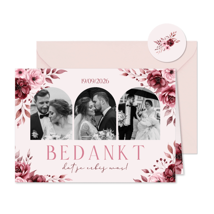 Klassieke bedankkaart met foto's in roze met aquarel rozen - Kaartimpressie
