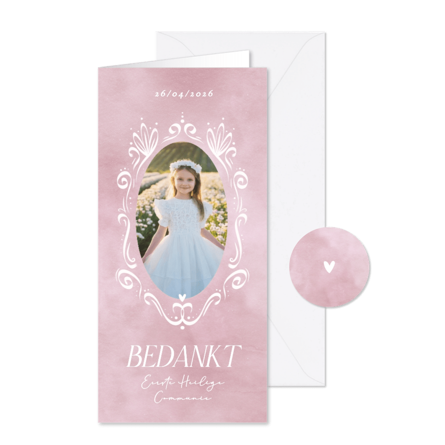 Klassieke bedankkaart roze waterverf met kader communie - Kaartimpressie