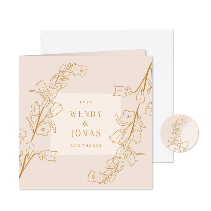 Klassieke beige bedankkaart met lijnillustratie van bloemen - Kaartimpressie