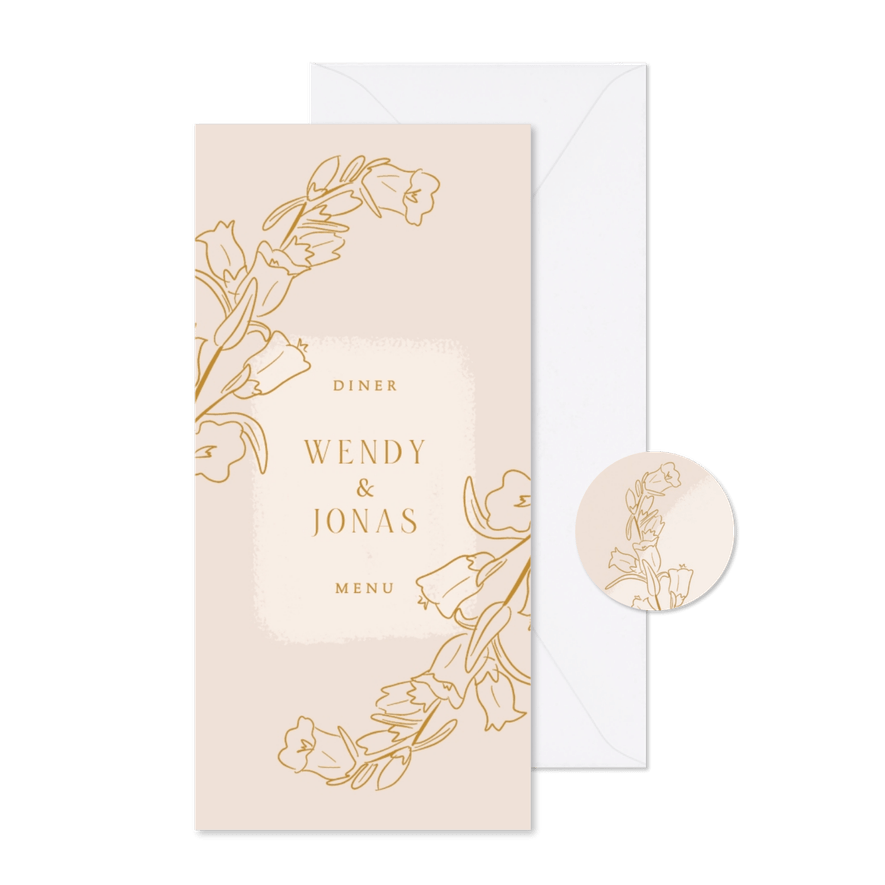 Klassieke beige menukaart met lijnillustratie van bloemen - Kaartimpressie