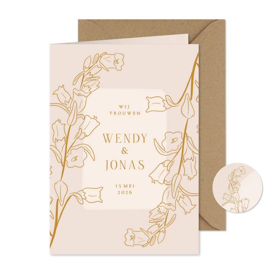 Klassieke beige trouwkaart met lijnillustratie van bloemen - Kaartimpressie