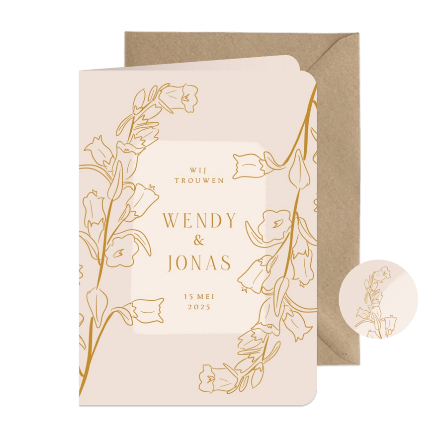 Klassieke beige trouwkaart met lijnillustratie van bloemen - Kaartimpressie