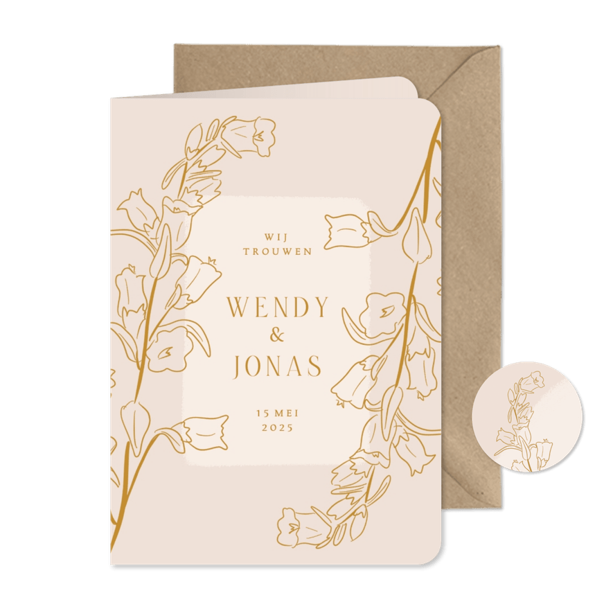 Klassieke beige trouwkaart met lijnillustratie van bloemen - Kaartimpressie