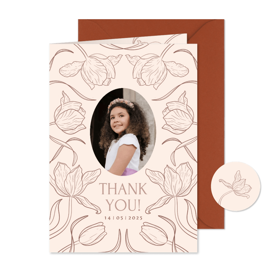 Klassieke communiekaart bedankt met foto en tulpen - Kaartimpressie