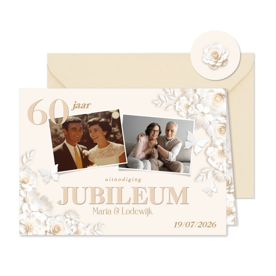 Klassieke fotokaart huwelijksjubileum met witte bloemen en v - Kaartimpressie